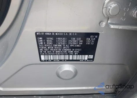 2016 Honda Hr-V Ex-L from USA, damaged, VIN 3CZRU5H79GM750119